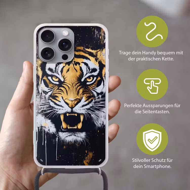 Tijger - Verfspatten - Goud Hoesje iPhone 16 Pro Max met koord klein -sfeer2_DE