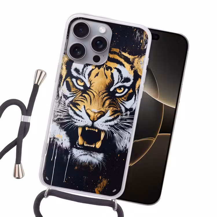 Tijger - Verfspatten - Goud Hoesje iPhone 16 Pro Max met koord klein -sfeer1
