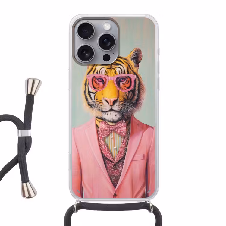 Tijger - Strik - Jasje - Roze Hoesje iPhone 16 Pro Max met koord klein -3d