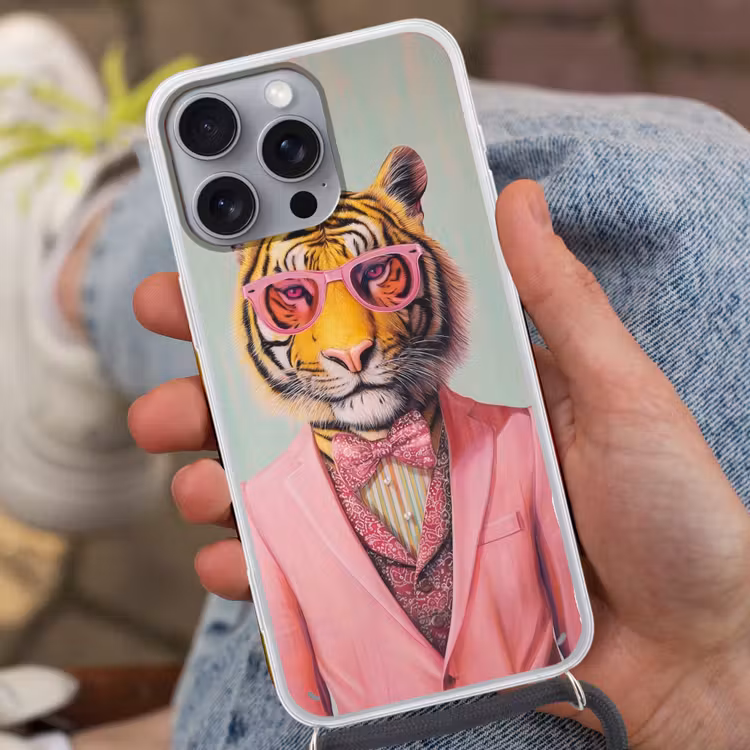 Tijger - Strik - Jasje - Roze Hoesje iPhone 16 Pro Max met koord klein -sfeer3