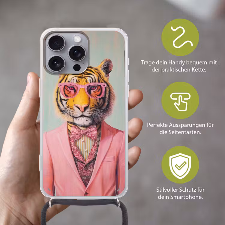 Tijger - Strik - Jasje - Roze Hoesje iPhone 16 Pro Max met koord klein -sfeer2_DE