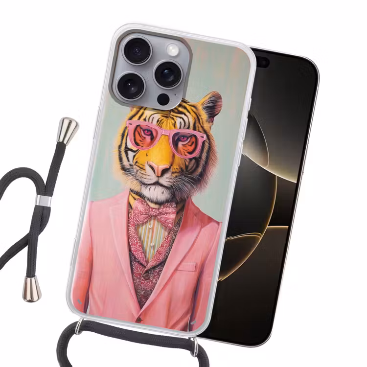 Tijger - Strik - Jasje - Roze Hoesje iPhone 16 Pro Max met koord klein -sfeer1