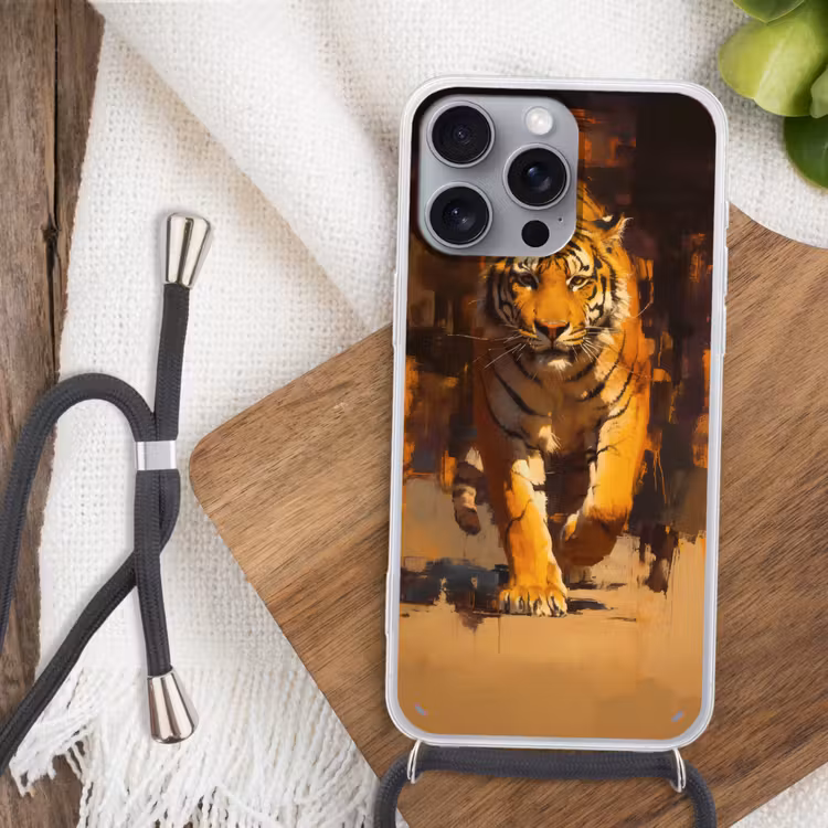 Tijger - Geschilderd - Oranje - Penseelstreken Hoesje iPhone 16 Pro Max met koord klein -sfeer4