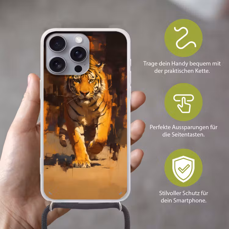 Tijger - Geschilderd - Oranje - Penseelstreken Hoesje iPhone 16 Pro Max met koord klein -sfeer2_DE