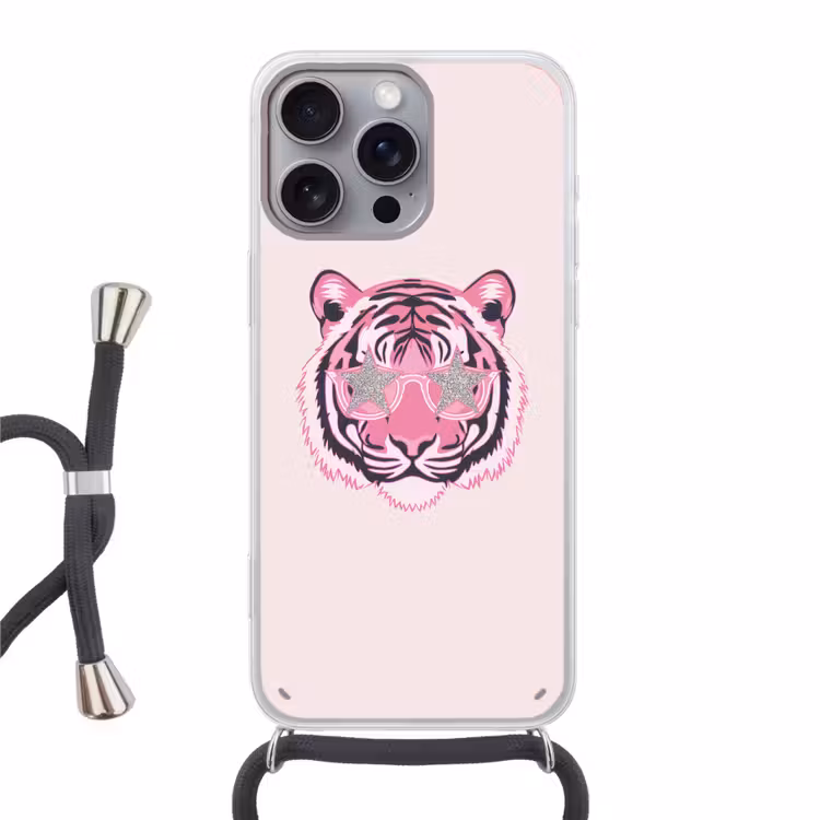 Tijger - Glitterzonnebril - Roze Hoesje iPhone 16 Pro Max met koord klein -3d