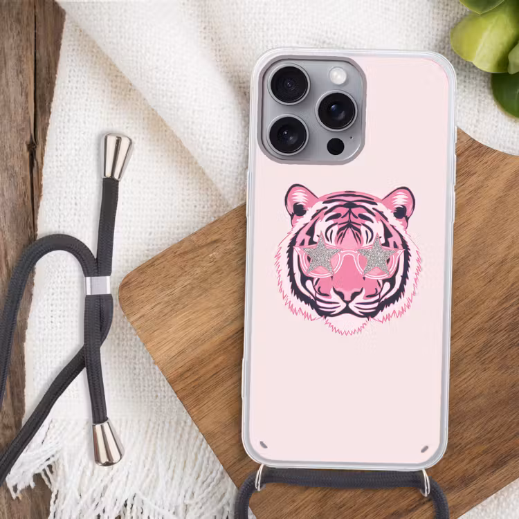 Tijger - Glitterzonnebril - Roze Hoesje iPhone 16 Pro Max met koord klein -sfeer4