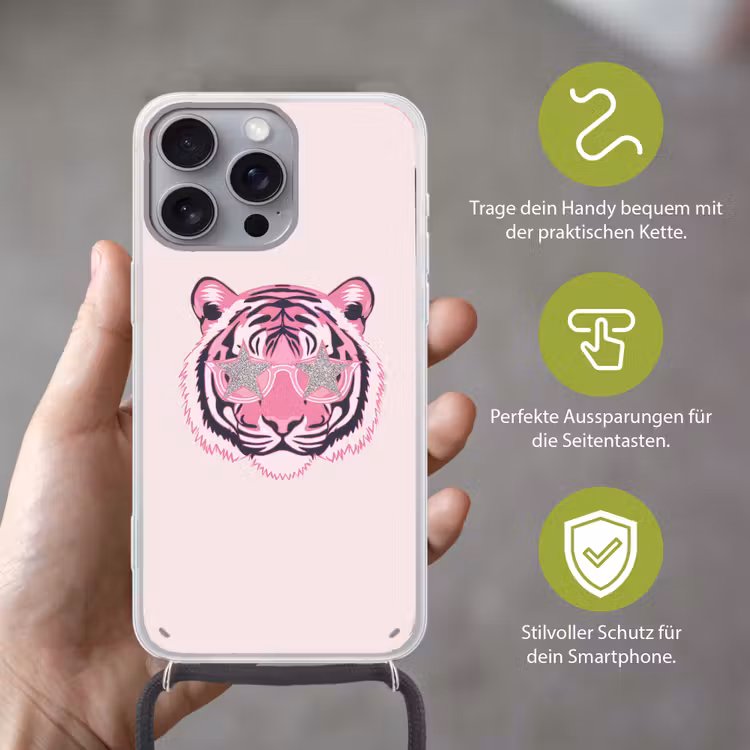 Tijger - Glitterzonnebril - Roze Hoesje iPhone 16 Pro Max met koord klein -sfeer2_DE