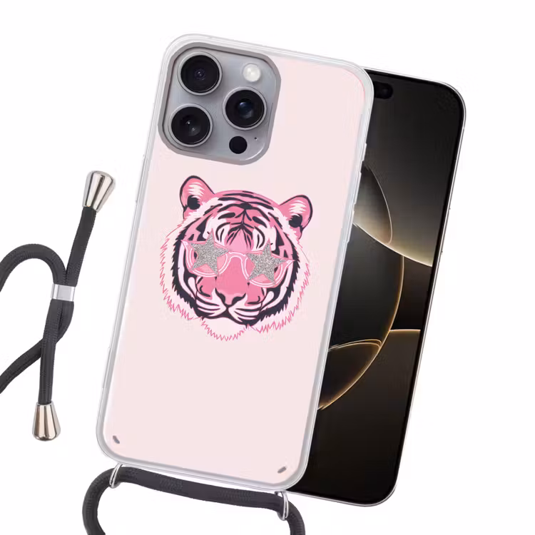 Tijger - Glitterzonnebril - Roze Hoesje iPhone 16 Pro Max met koord klein -sfeer1