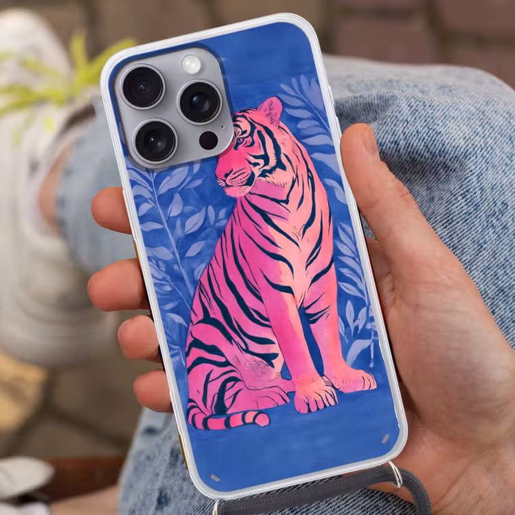 Tijger - Roze - Bladeren - Jungle Hoesje iPhone 16 Pro Max met koord klein -sfeer3