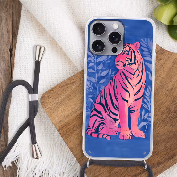 Tijger - Roze - Bladeren - Jungle Hoesje iPhone 16 Pro Max met koord klein -sfeer4