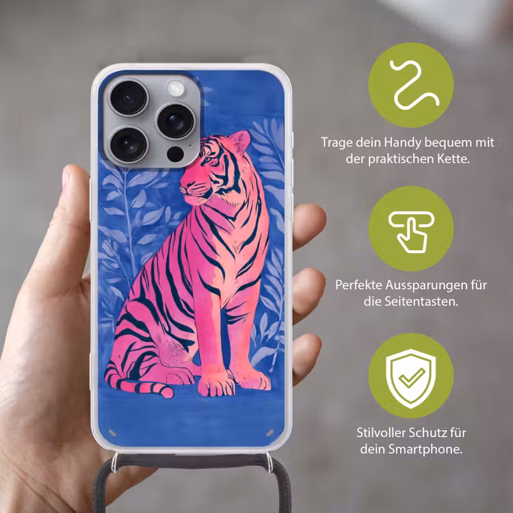 Tijger - Roze - Bladeren - Jungle Hoesje iPhone 16 Pro Max met koord klein -sfeer2_DE