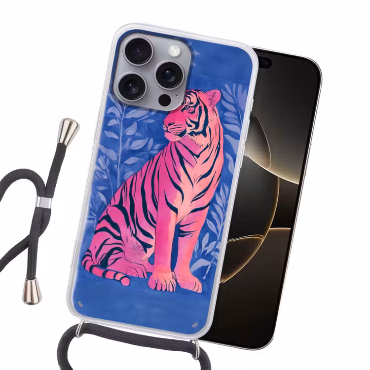 Tijger - Roze - Bladeren - Jungle Hoesje iPhone 16 Pro Max met koord klein -sfeer1