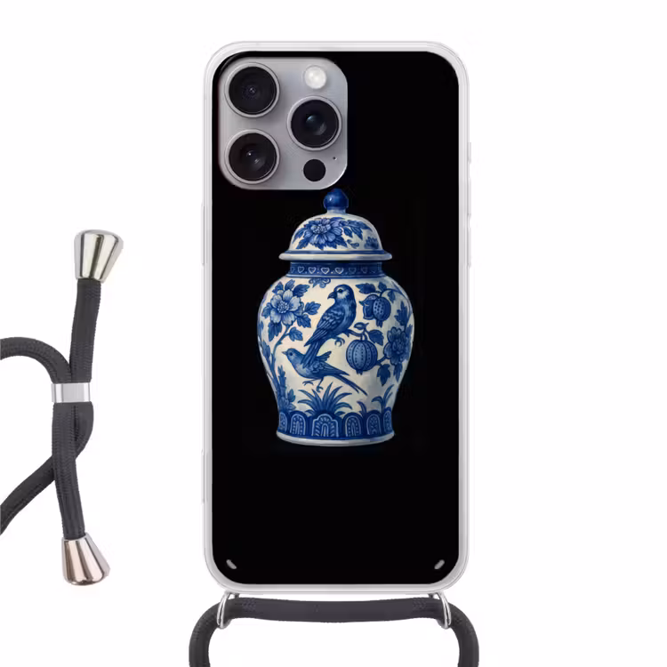 Pot - Delfts Blauw - Bloemen Hoesje iPhone 16 Pro Max met koord klein -3d