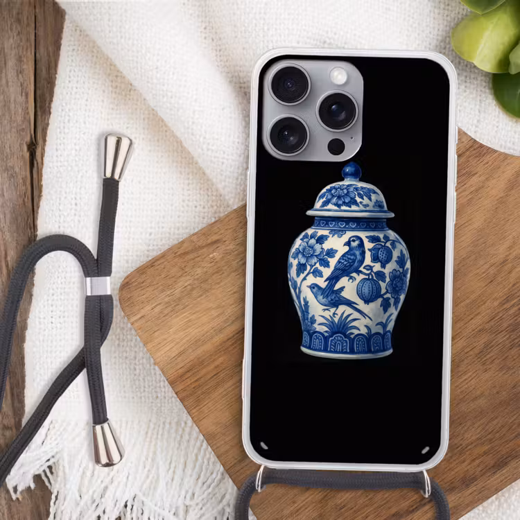 Pot - Delfts Blauw - Bloemen Hoesje iPhone 16 Pro Max met koord klein -sfeer4
