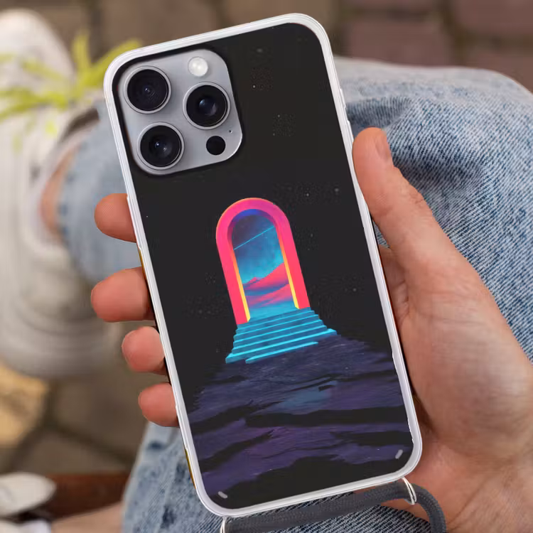 Poortje - Landschap - Sterrenhemel - Roze Hoesje iPhone 16 Pro Max met koord klein -sfeer3