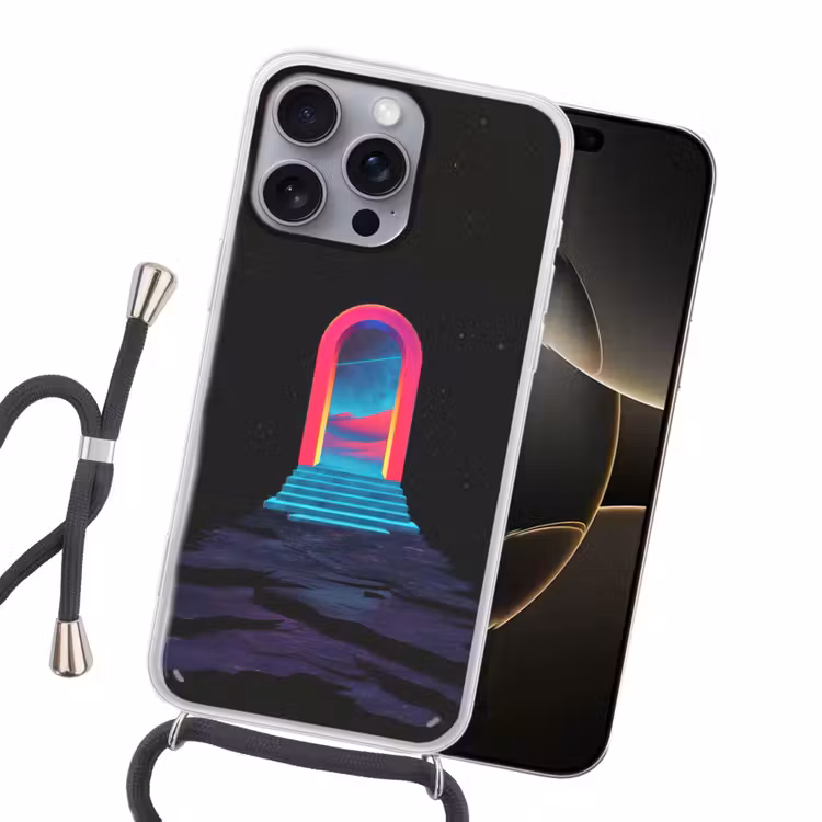 Poortje - Landschap - Sterrenhemel - Roze Hoesje iPhone 16 Pro Max met koord klein -sfeer1