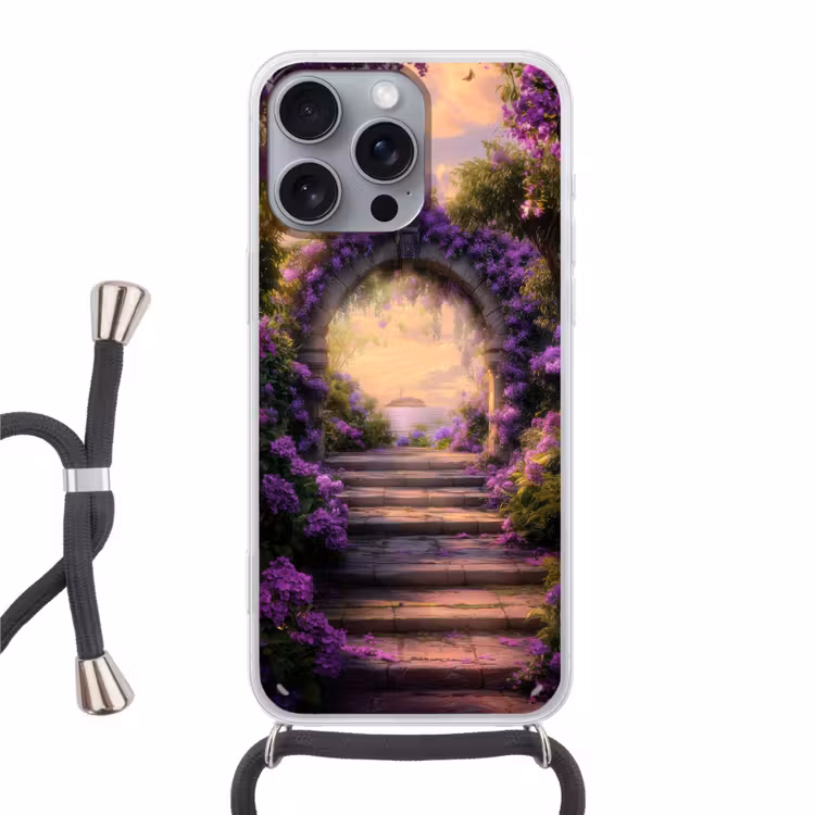 Poort - Paars - Bloemen Hoesje iPhone 16 Pro Max met koord klein -3d