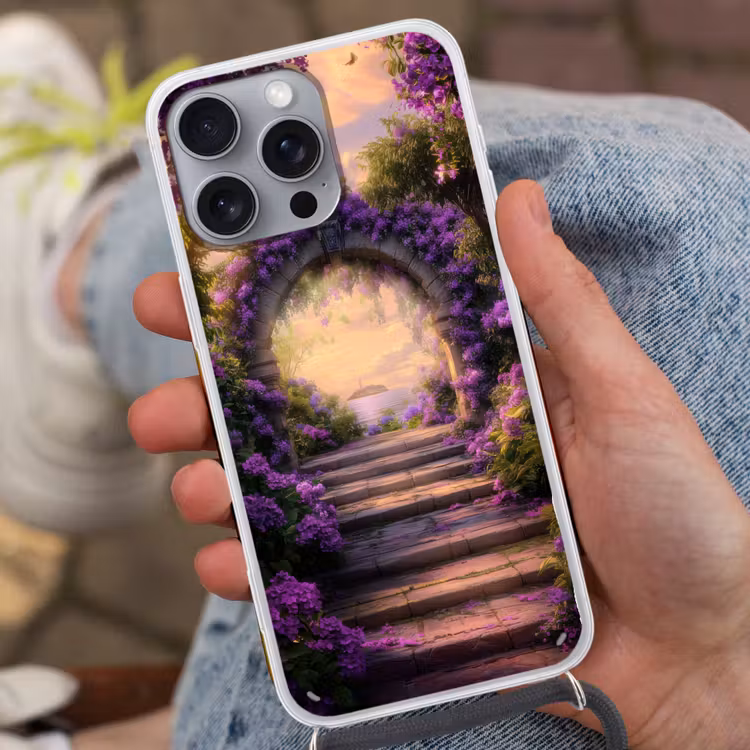 Poort - Paars - Bloemen Hoesje iPhone 16 Pro Max met koord klein -sfeer3