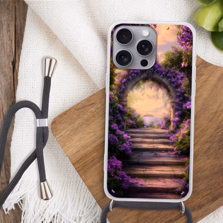 Poort - Paars - Bloemen Hoesje iPhone 16 Pro Max met koord klein -sfeer4