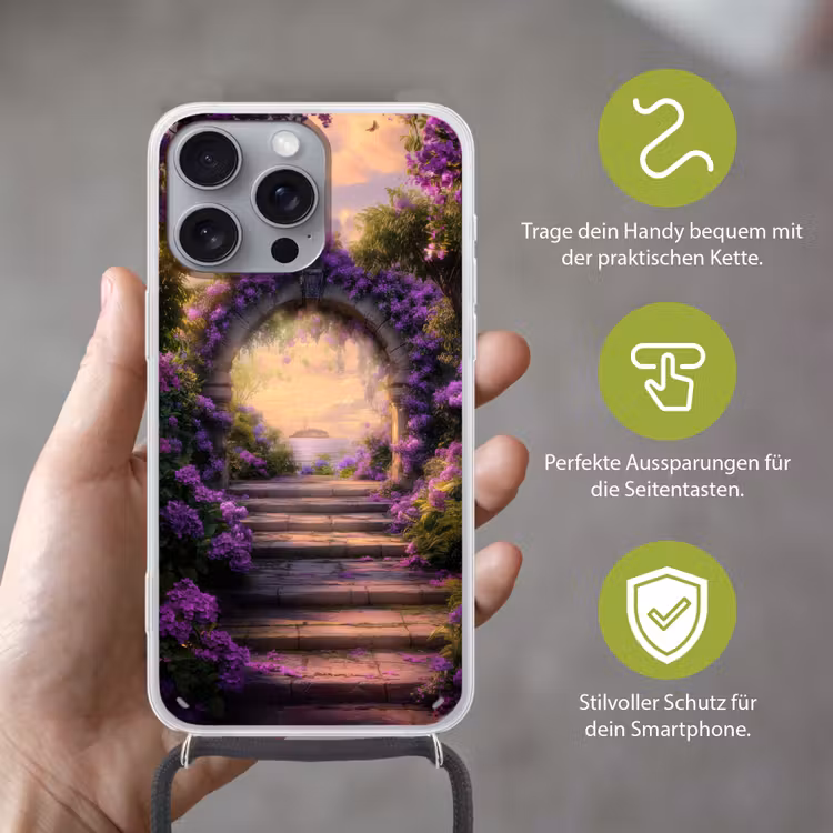 Poort - Paars - Bloemen Hoesje iPhone 16 Pro Max met koord klein -sfeer2_DE