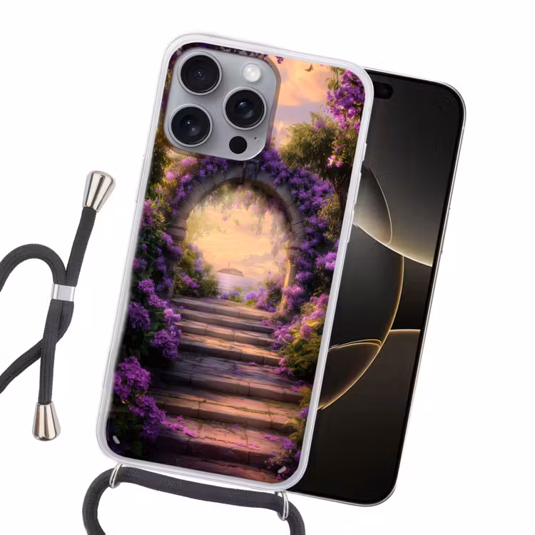 Poort - Paars - Bloemen Hoesje iPhone 16 Pro Max met koord klein -sfeer1