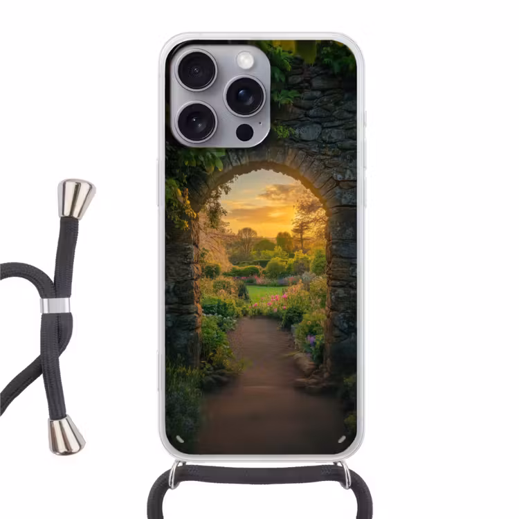 Poort - Planten - Zonsondergang Hoesje iPhone 16 Pro Max met koord klein -3d
