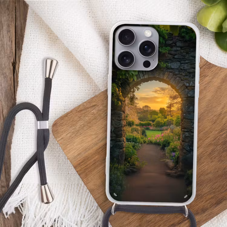 Poort - Planten - Zonsondergang Hoesje iPhone 16 Pro Max met koord klein -sfeer4