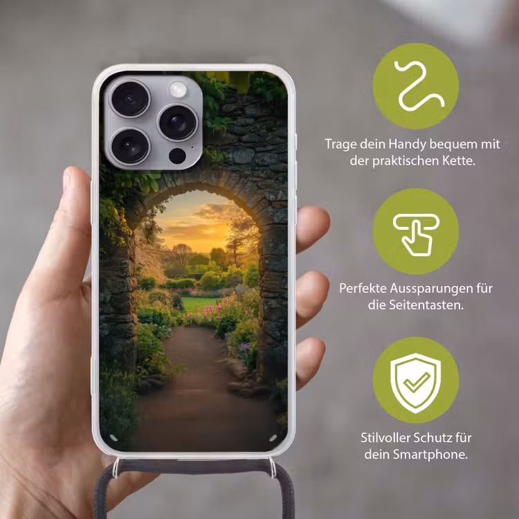 Poort - Planten - Zonsondergang Hoesje iPhone 16 Pro Max met koord klein -sfeer2_DE