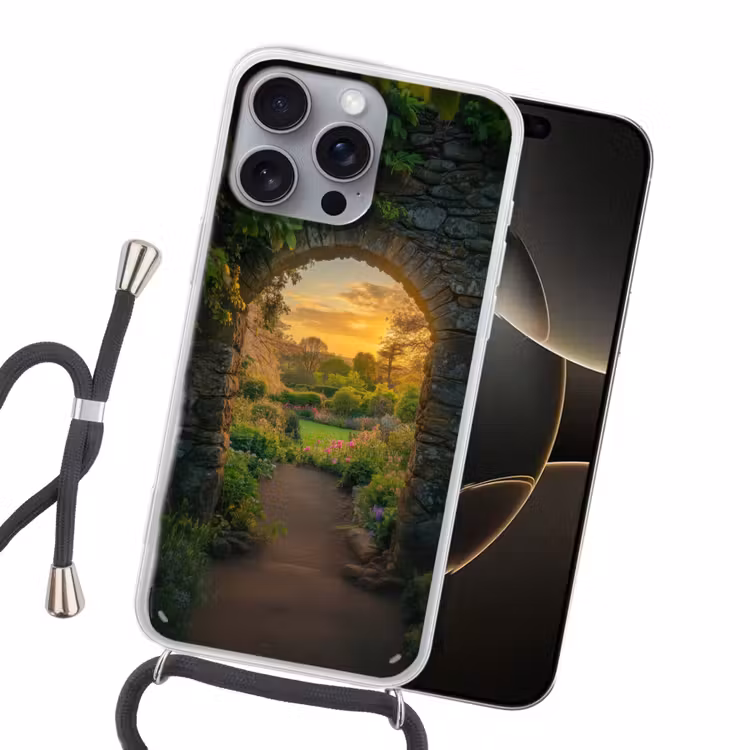 Poort - Planten - Zonsondergang Hoesje iPhone 16 Pro Max met koord klein -sfeer1