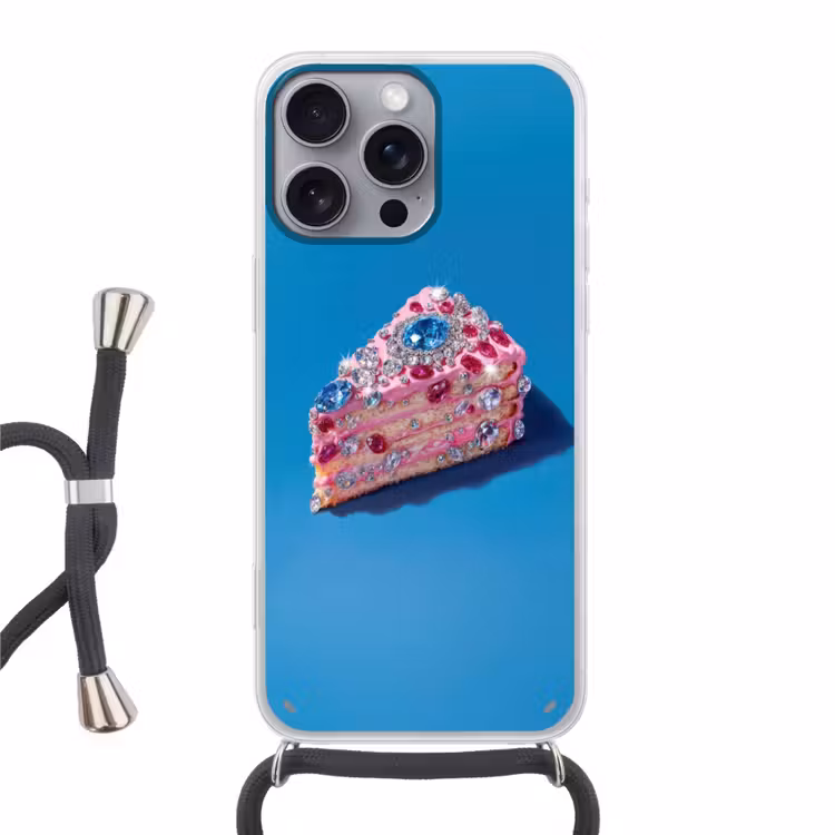 Taart - Edelstenen - Glitters - Roze Hoesje iPhone 16 Pro Max met koord klein -3d