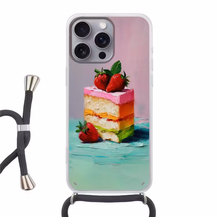 Taartje - Aardbeien - Glazuur - Kleurrijk Hoesje iPhone 16 Pro Max met koord klein -3d
