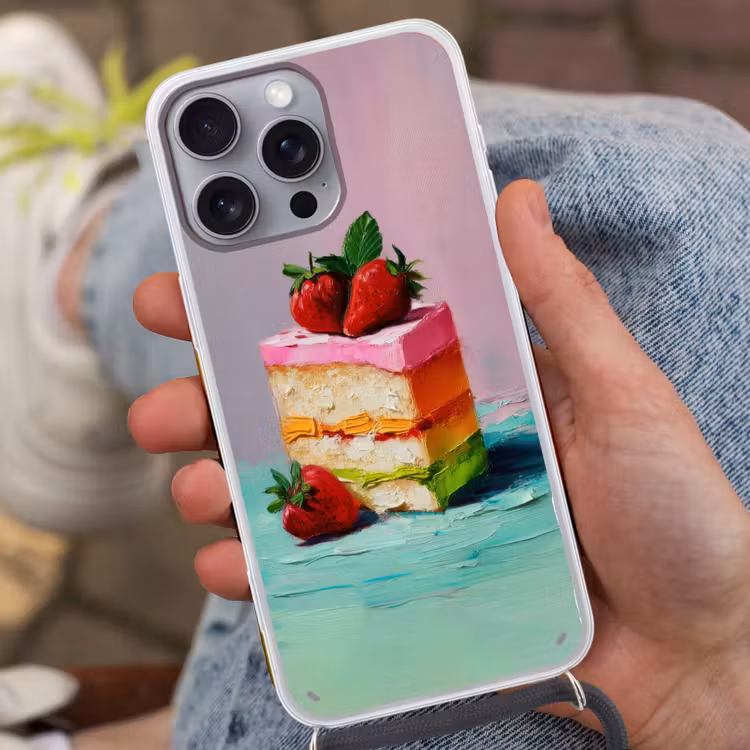 Taartje - Aardbeien - Glazuur - Kleurrijk Hoesje iPhone 16 Pro Max met koord klein -sfeer3