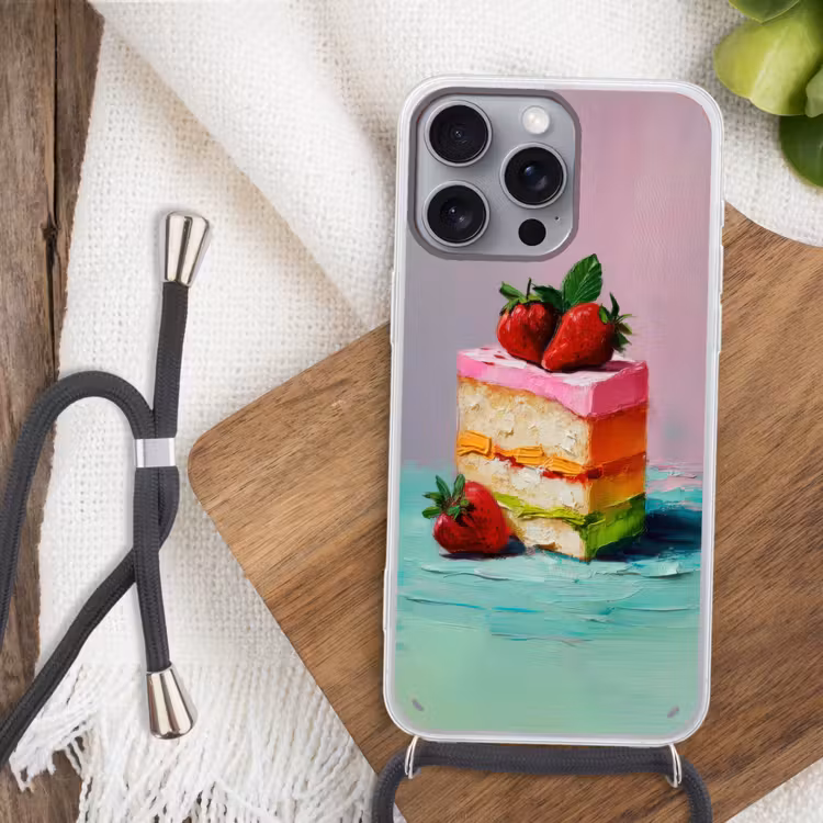Taartje - Aardbeien - Glazuur - Kleurrijk Hoesje iPhone 16 Pro Max met koord klein -sfeer4