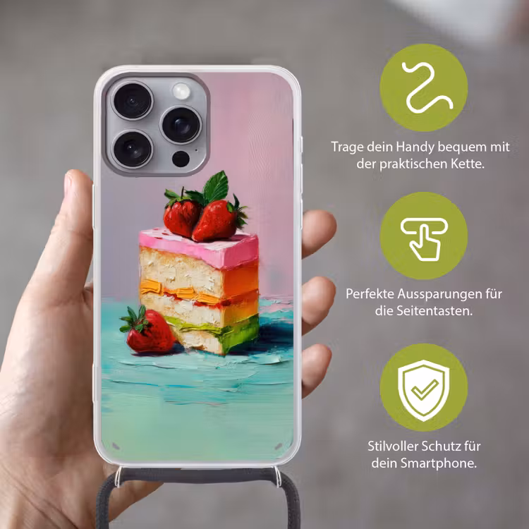 Taartje - Aardbeien - Glazuur - Kleurrijk Hoesje iPhone 16 Pro Max met koord klein -sfeer2_DE