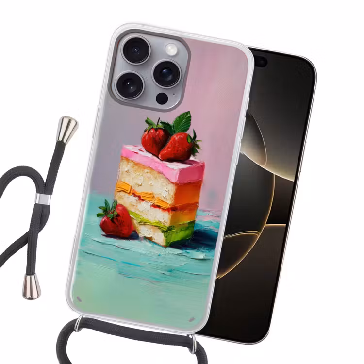 Taartje - Aardbeien - Glazuur - Kleurrijk Hoesje iPhone 16 Pro Max met koord klein -sfeer1