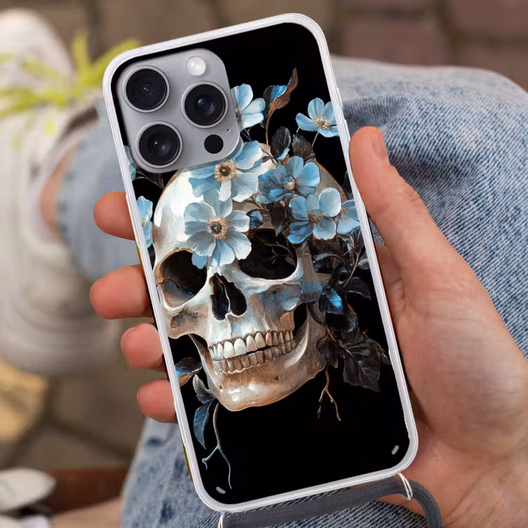 Schedel - Blauw - Bloemen - Bladeren Hoesje iPhone 16 Pro Max met koord klein -sfeer3