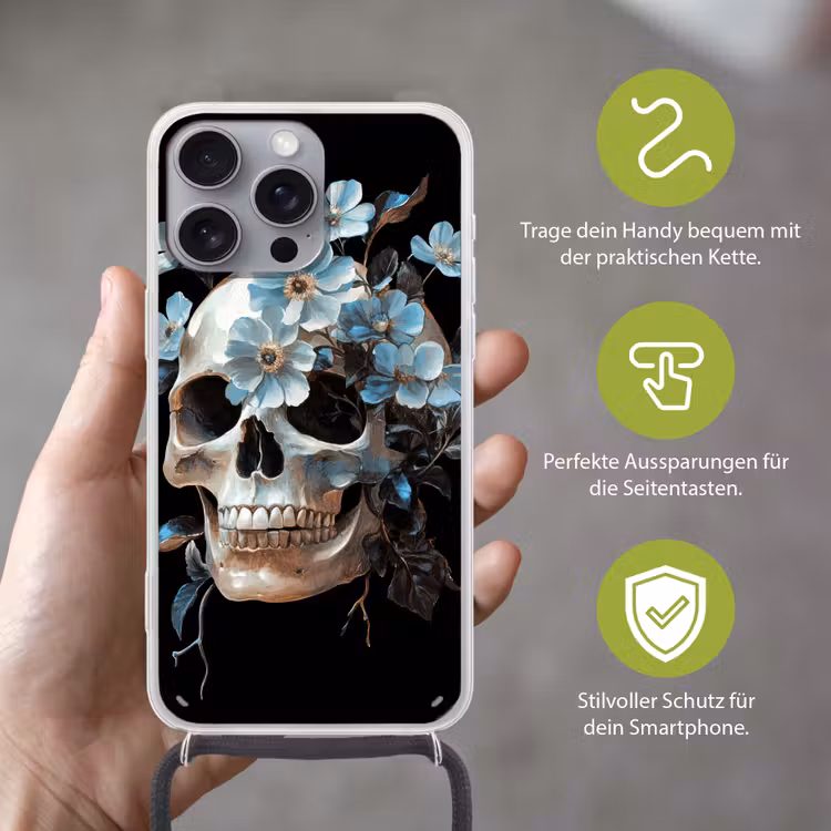 Schedel - Blauw - Bloemen - Bladeren Hoesje iPhone 16 Pro Max met koord klein -sfeer2_DE