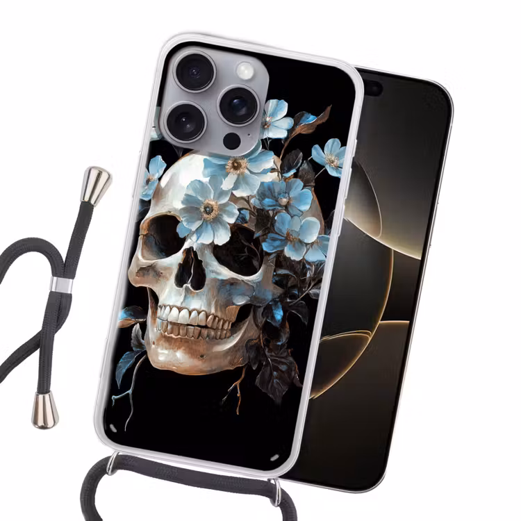 Schedel - Blauw - Bloemen - Bladeren Hoesje iPhone 16 Pro Max met koord klein -sfeer1