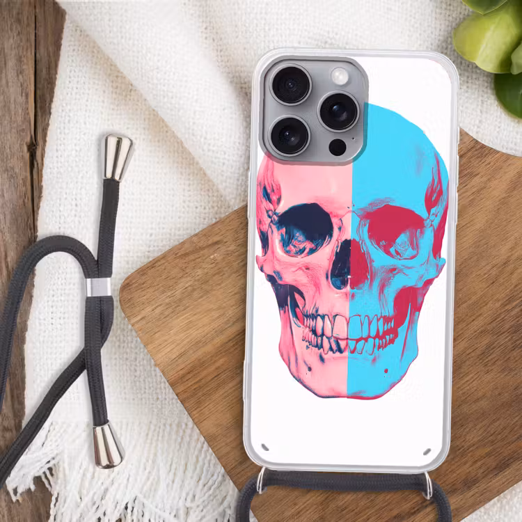 Schedel - Grafisch - Roze - Verdeeld Hoesje iPhone 16 Pro Max met koord klein -sfeer4