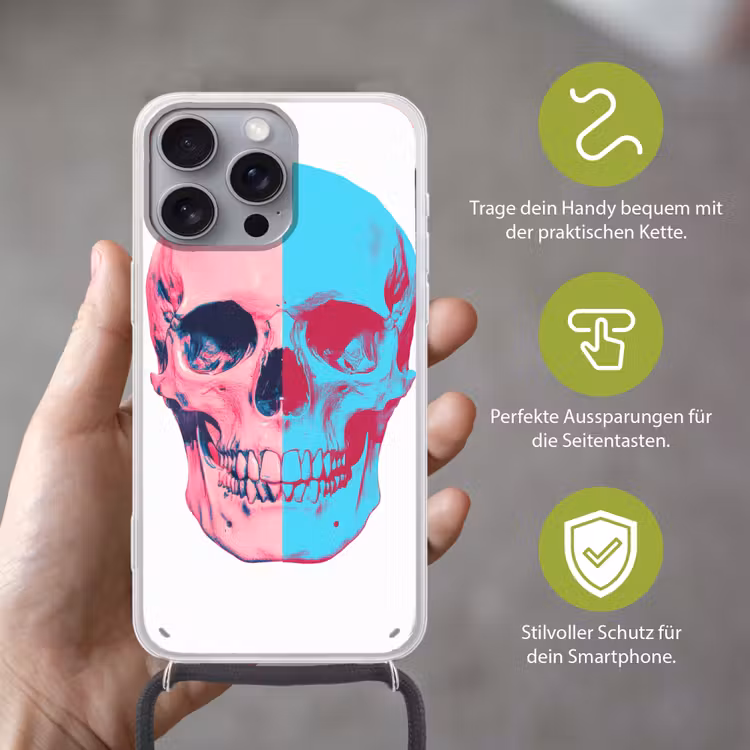 Schedel - Grafisch - Roze - Verdeeld Hoesje iPhone 16 Pro Max met koord klein -sfeer2_DE