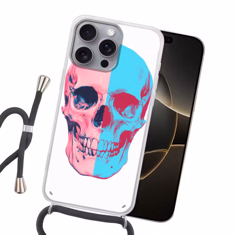 Schedel - Grafisch - Roze - Verdeeld Hoesje iPhone 16 Pro Max met koord klein -sfeer1