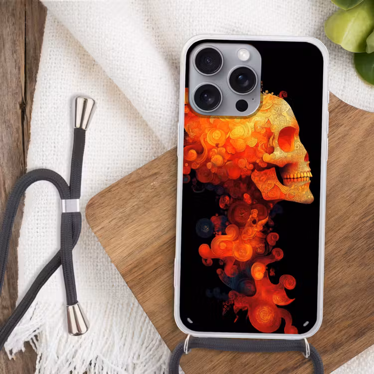 Schedel - Oranje - Zijaanzicht - Vlammen Hoesje iPhone 16 Pro Max met koord klein -sfeer4