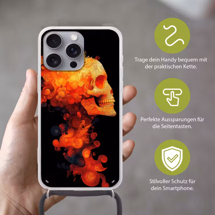 Schedel - Oranje - Zijaanzicht - Vlammen Hoesje iPhone 16 Pro Max met koord klein -sfeer2_DE
