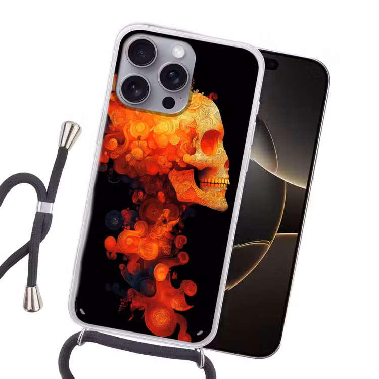 Schedel - Oranje - Zijaanzicht - Vlammen Hoesje iPhone 16 Pro Max met koord klein -sfeer1