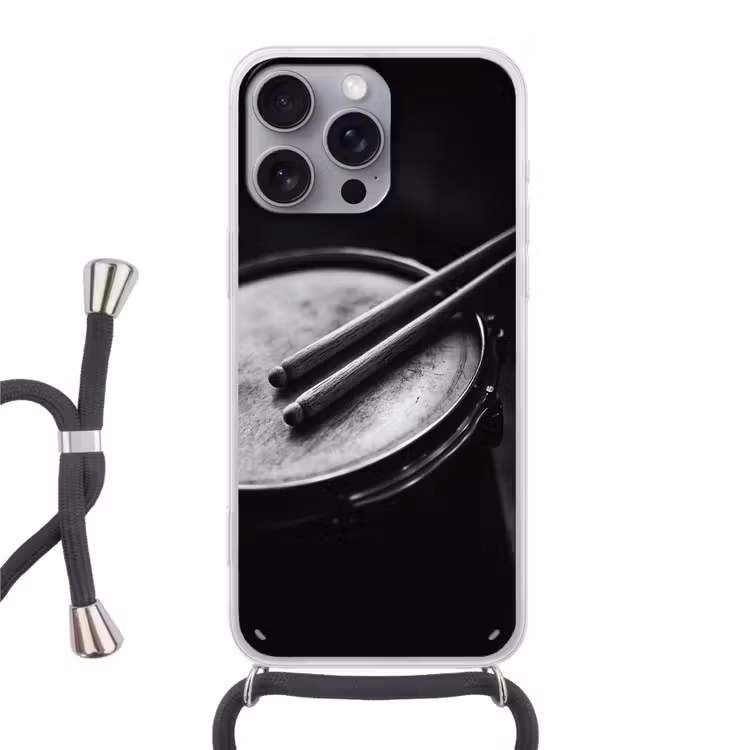 Trommel - Close-up - Drumstokken - Zwart Hoesje iPhone 16 Pro Max met koord klein -3d