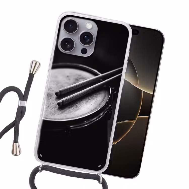 Trommel - Close-up - Drumstokken - Zwart Hoesje iPhone 16 Pro Max met koord klein -sfeer1