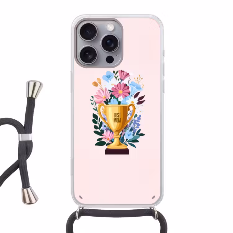Trofee - Best Mom - Bloemen - Kleurrijk Hoesje iPhone 16 Pro Max met koord klein -3d