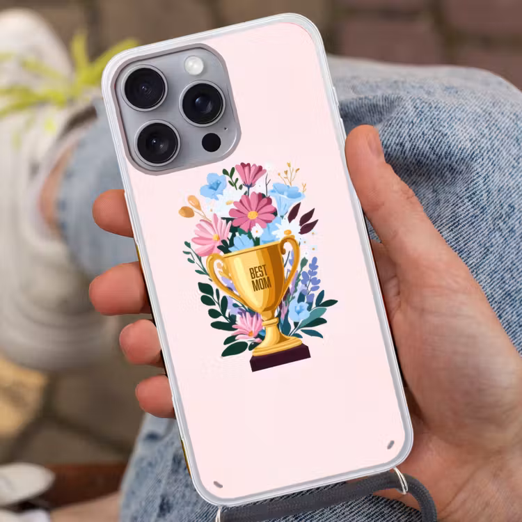 Trofee - Best Mom - Bloemen - Kleurrijk Hoesje iPhone 16 Pro Max met koord klein -sfeer3