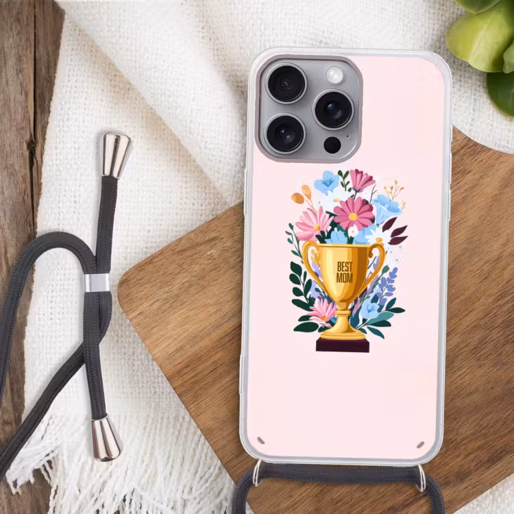 Trofee - Best Mom - Bloemen - Kleurrijk Hoesje iPhone 16 Pro Max met koord klein -sfeer4