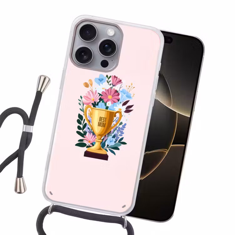 Trofee - Best Mom - Bloemen - Kleurrijk Hoesje iPhone 16 Pro Max met koord klein -sfeer1